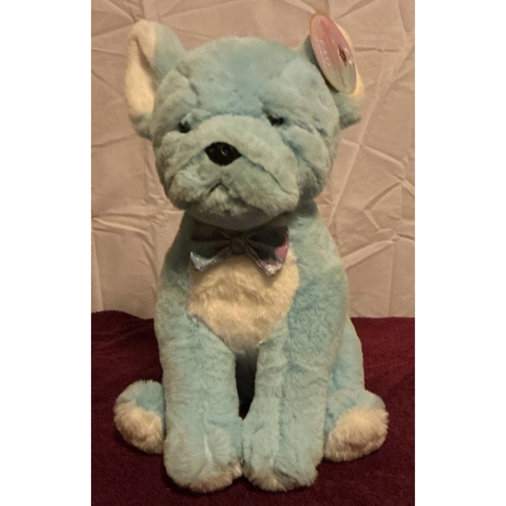 FAO Schwarz plush Blue Bulldog puppy dog Sparklers With Bow AndNo Ears 16"